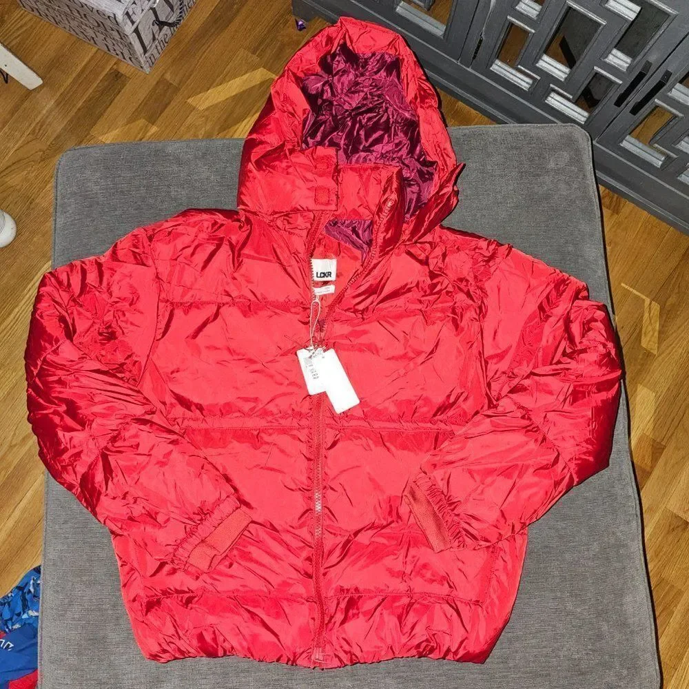 LCKR Red Full Zipper Winter Puffer Hooded Jacket For Men Size Medium